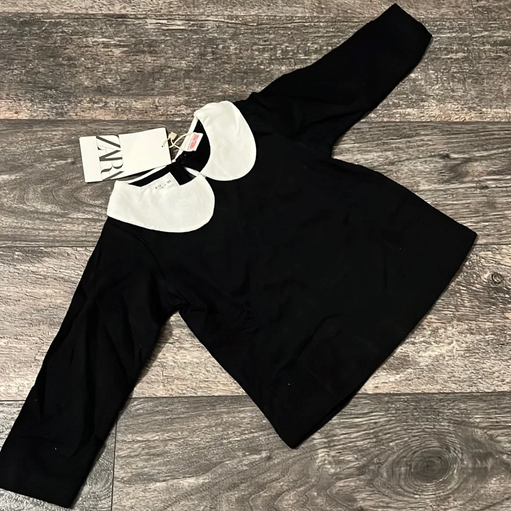Zara collared t shirt blouse girl 5/6 years Black new cotton